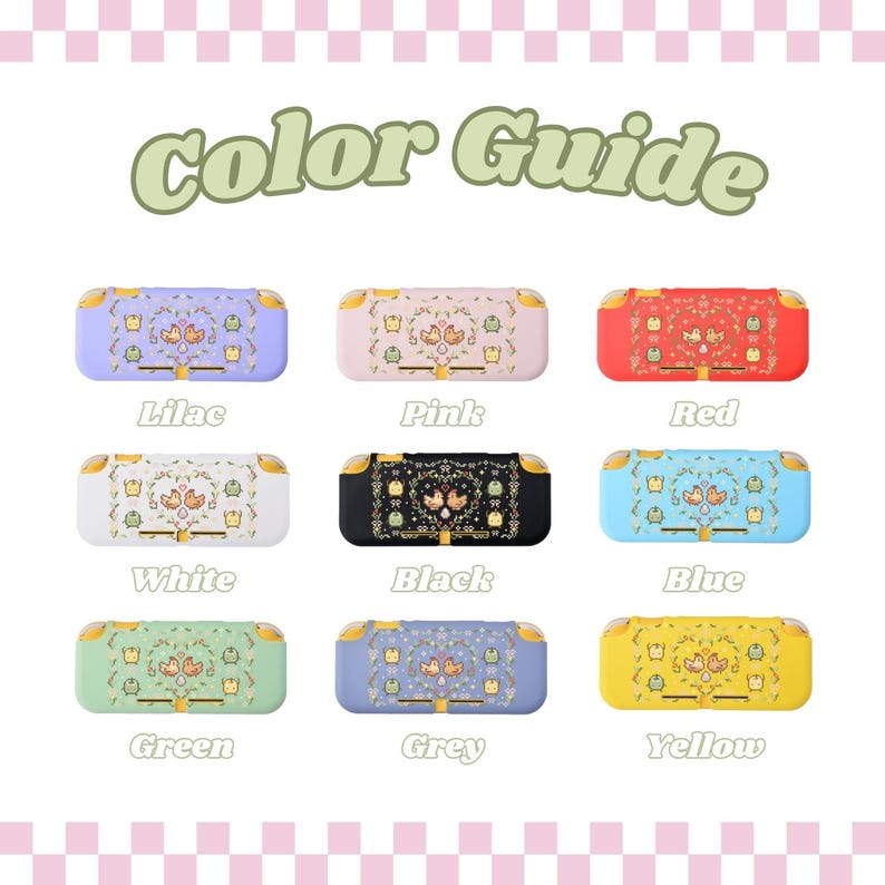 Puede incluir: Gu&iacute;a de colores para las carcasas de Nintendo Switch Lite que presentan una variedad de colores, incluyendo lila, rosa, rojo, blanco, negro, azul, verde, gris y amarillo. Cada carcasa tiene un borde dorado y un dise&ntilde;o de dos p&aacute;jaros en una rama.