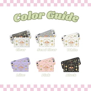 Puede incluir: Gu&iacute;a de colores para las carcasas de la consola Nintendo Switch. Las carcasas se muestran en seis colores diferentes: transparente, semitransparente, blanco, lila, rosa y negro. Cada carcasa presenta un dise&ntilde;o de dibujos animados de ranas y p&aacute;jaros.