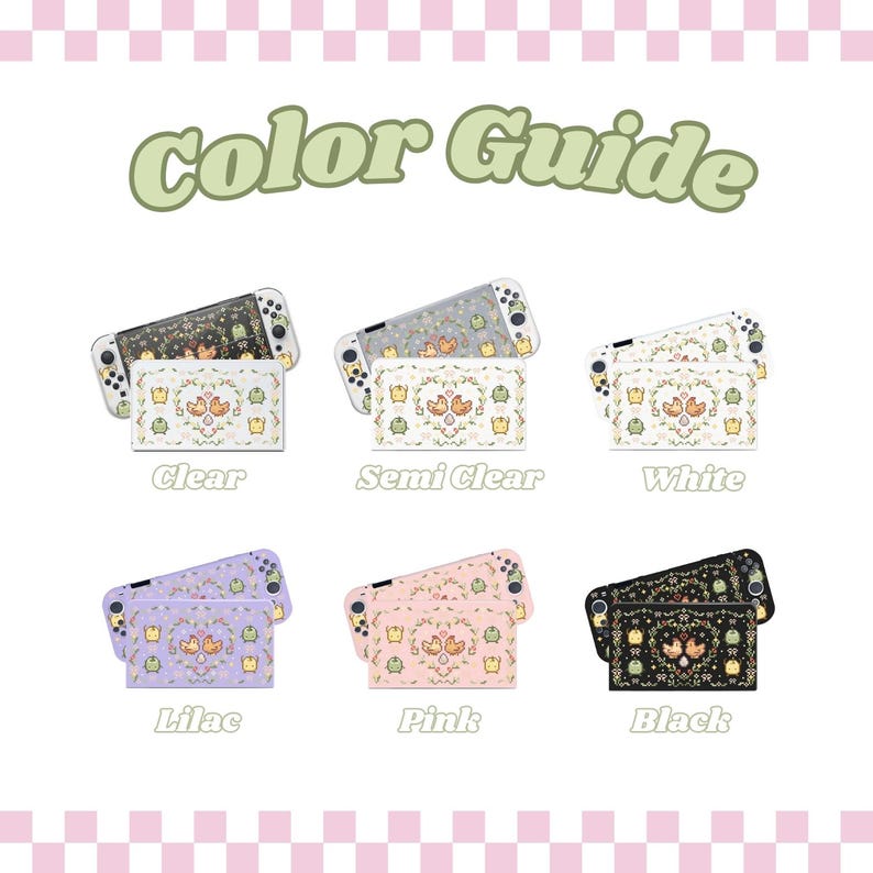 Puede incluir: Gu&iacute;a de colores para las carcasas de la consola Nintendo Switch. Las carcasas se muestran en seis colores diferentes: transparente, semitransparente, blanco, lila, rosa y negro. Cada carcasa presenta un dise&ntilde;o de dibujos animados de ranas y p&aacute;jaros.