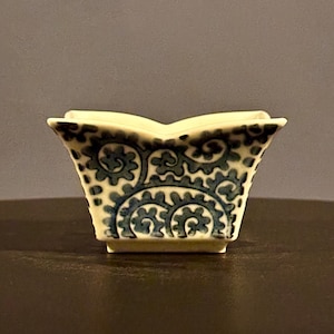 Antique Japanese Blue and White Floral Porcelain Square Tea Bowl, Handcrafted Arita Ware, Edo-Inspired Ceramics