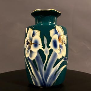 Vintage Japanese Teal Cloisonné Style Vase, Hand Painted Floral Art, Enamel Glazed Elegant Home Accent, Collectible Antique Decor