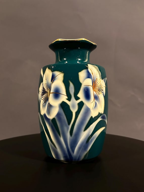 Vintage Japanese Teal Cloisonné Style Vase, Hand Painted Floral
