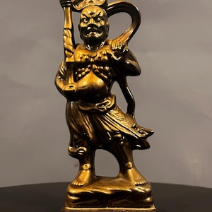 Antique Hand-Carved Japanese Buddhist Deity Statue, Edo Period Wooden Sculpture, Traditional Guardian Figure
