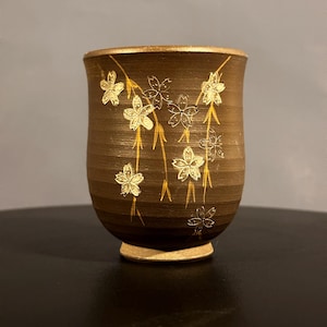Vintage Japanese Raku Tea Cup, Handcrafted Chawan, Gold Sakura Cherry Blossom Yunomi, Wabi-Sabi Wood-Fired Pottery