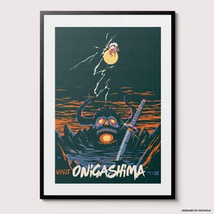 May include: Framed art print with a stylized illustration of a horned skull, a sword, and the text "VISIT ONIGASHIMA". The artwork uses a dark colour palette with orange, blue, and white accents. The print is in a black frame.