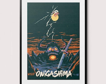May include: Framed art print with a stylized illustration of a horned skull, a sword, and the text "VISIT ONIGASHIMA". The artwork uses a dark colour palette with orange, blue, and white accents. The print is in a black frame.