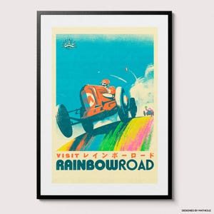 Póster de viaje "Visita Rainbow Road" (Mario Kart): impresión vintage, acuarela, regalo épico para gamers.