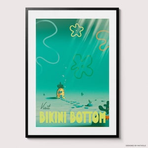 May include: A retro-style poster advertising a visit to Bikini Bottom, featuring a pineapple house with a smiling face and a path of footprints leading to it. The background is a bright turquoise blue with white scribbles and a yellow sunbeam.