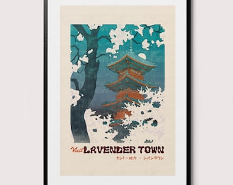 May include: Framed art print featuring a Japanese pagoda with a teal roof, surrounded by white cherry blossoms and a dark tree. The text "Visit Lavender Town" is displayed in a vintage style, with Japanese characters below.