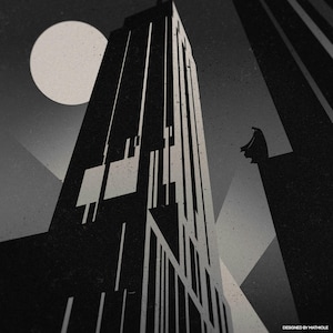May include: Black and white art print featuring a towering skyscraper under a full moon. A silhouetted figure stands on a building ledge, with the words "DESIGNED BY MATHIOLE" in the bottom right corner. The artwork has a retro, art deco style.