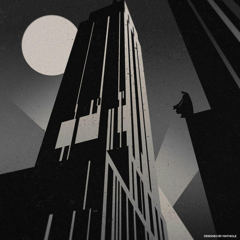 May include: Black and white art print featuring a towering skyscraper under a full moon. A silhouetted figure stands on a building ledge, with the words "DESIGNED BY MATHIOLE" in the bottom right corner. The artwork has a retro, art deco style.