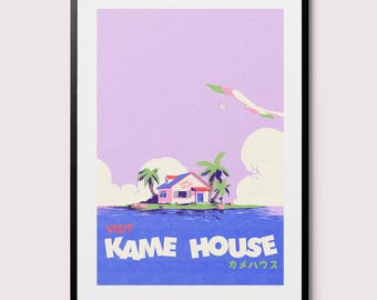 Póster "Visita Anime Oceanside": Impresión de arte mural retro de viaje isleño, ilustración costera inspirada en el anime, nostalgia de los años 2000, decoración de habitación nerd