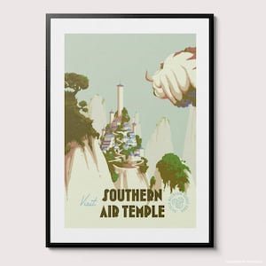Pode incluir: Pôster emoldurado com uma ilustração de viagem vintage do Templo do Ar do Sul. A obra de arte retrata uma paisagem montanhosa com um templo, um bisão voador e o texto "Visit Southern Air Temple."