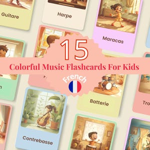 Flashcards instruments de musique en français, vocabulaire éducatif, apprentissage ludique, éveil musical, outils pédagogiques FLE
