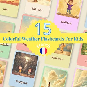 15 Wetter-Lernkarten auf Französisch, Wettervokabeln lernen, lustige Montessori-Aktivität, Lernspiele, Karten zum Ausdrucken