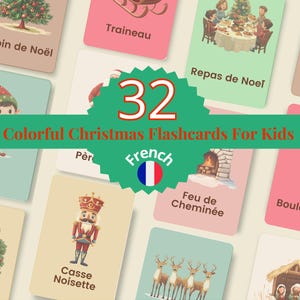 32 Flashcards de Noël en français, cartes montessori en français, activités pour l'école à la maison, matériel éducatif imprimable