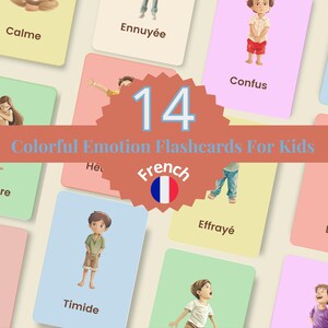 14 Flashcards Emotions en français, Apprentissage vocabulaire français, activité Montessori ludique, jeux éducatif, cartes imprimables
