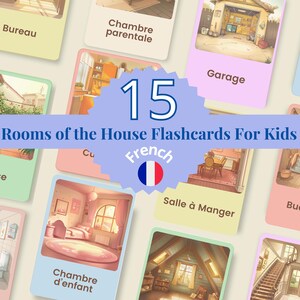 15 Flashcards des pièces de la maison en français, vocabulaire français, cartes montessori imprimable, préscolaire