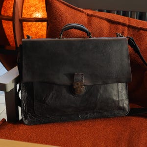 Handmade Black Leather Briefcase for Men, Vintage Office Bag with Shoulder Strap, Business Laptop Bag, Gift for Birthday or Father’s Day