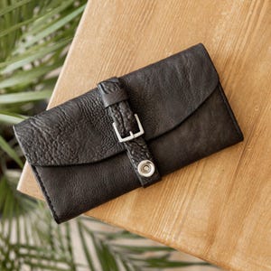 Cartera larga negra, cartera alta de cuero para hombre, cartera de mano para mujer, cartera vintage con cremallera, cartera retro de tres pliegues, el mejor regalo para él, regalo de aniversario