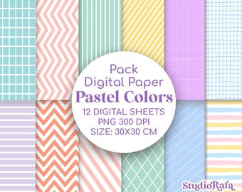 Pastel Digital Paper Pack – 12 Scrapbook Backgrounds, Cute Pastel Patterns, 12x12 Printable Papers, Instant Download