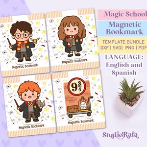 May include: Four magnetic bookmarks featuring cartoon characters and imagery from a magic school theme. Each bookmark has a different character or scene, including a platform sign. The text "Magnetic Bookmark" is printed on each bookmark.
