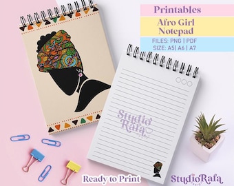 Afro Girl with Turban Printable Notepad | Afro Headwrap Art Stationery | Size A5, A6, A7