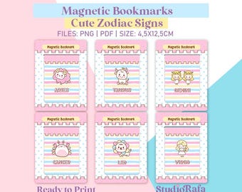 Cute Zodiac Signs Magnetic Bookmark Template Bundle - Diy Printable Templates, Cool Printable Literary Bookmarks, Book Club Gifts