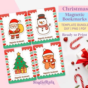 Pode incluir: Quatro marcadores magnéticos com tema natalino, com ilustrações do Papai Noel, um boneco de neve, uma árvore de Natal e um homem de gengibre. Cada marcador tem uma borda vermelha e verde e a inscrição "Magnetic Bookmark". A imagem também inclui o texto "Christmas Magnetic Bookmarks".
