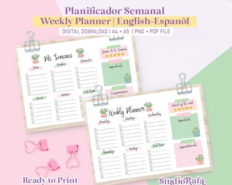 Cactus Weekly Planner in English and Spanish | Printable and Digital | A4, A5 | PNG PDF