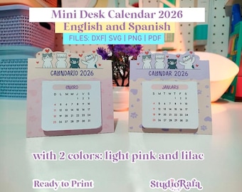 2026 Mini Cat Desk Calendar in English and Spanish – DXF / SVG / PDF - Cutting Files for Cricut