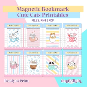 Könnte beinhalten: Eine Sammlung magnetischer Lesezeichen mit niedlichen Katzenillustrationen. Jedes Lesezeichen hat ein anderes Katzendesign, mit Katzen in Tassen und Herzen. Der Text "Magnetic Bookmark Cute Cats Printables" steht oben. Der Text unten lautet "Ready to Print".