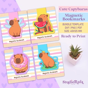 May include: Four magnetic bookmarks with cartoon capybaras. Each bookmark has a different design: a capybara with fairy wings, eating watermelon, wearing a donut, and singing. The bookmarks are 4.5x12.5 cm and ready to print. The text "Cute Capybaras Magnetic Bookmarks" is also visible.