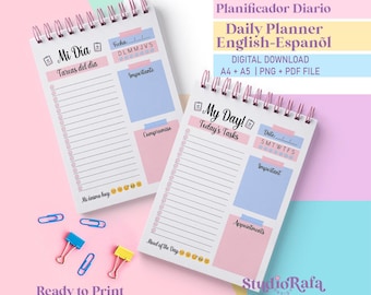 Printable Daily Planner PDF Size A4-A5 – Pastel Colors + Bilingual English/Spanish, Cute Digital Organizer
