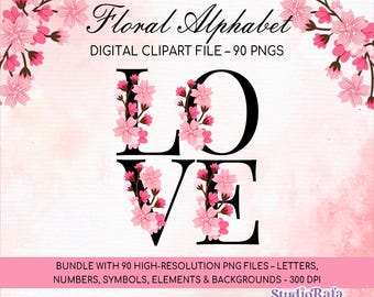 Floral alphabet clipart, monogram initial, letters, numbers, symbols, elements and background, cherry blossoms, wedding decoration in PNG