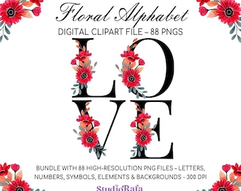 Red Floral alphabet clipart, monogram initial, letters, numbers, symbols, elements and background, wedding decoration in PNG