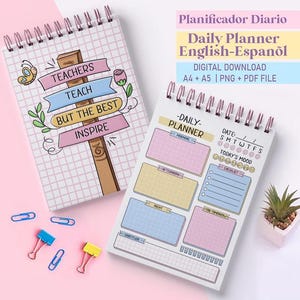 May include: Two spiral-bound notebooks. One has a sign saying "Teachers Teach But The Best Inspire." The other is a daily planner with sections for morning, afternoon, night, and tomorrow. Includes paper clips and a small potted plant.