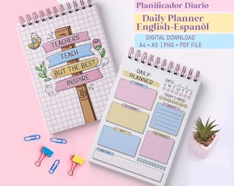 Printable Daily Planner PDF – Teacher Planner + Bilingual English/Spanish, Cute Digital Organizer