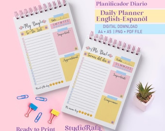 Printable Daily Planner PDF – Candy Colors + Bilingual English/Spanish, Cute Digital Organizer