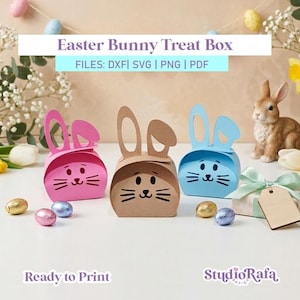 May include: Three Easter bunny treat boxes in pink, beige, and blue, each with a bunny face design. The boxes are displayed with Easter eggs, a gift box, and a bunny figurine. Text on the image reads "Easter Bunny Treat Box" and "Ready to Print."