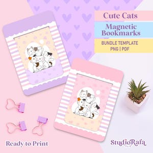 Puede incluir: Dos marcapáginas magnéticos con un diseño de gatos adorables. Los marcapáginas son en tonos rosa y morado, con un borde festoneado y un borde a rayas. Se muestra el texto "Cute Cats Magnetic Bookmarks".