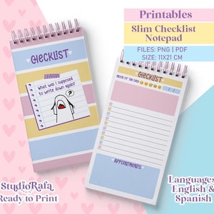 Pode incluir: Dois blocos de notas finos com espiral, com cores pastel e a palavra "CHECKLIST". Um bloco de notas tem uma ilustração humorística e o texto: "What was I supposed to write down again?". O outro bloco de notas tem formato de lista de verificação. O tamanho é 11x21 cm.