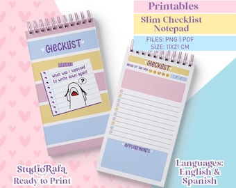 Flork Slim Checklist Notepad Printable | Cute Daily Planner Pad | PNG PDF Digital Download | English & Spanish | 11x21 cm