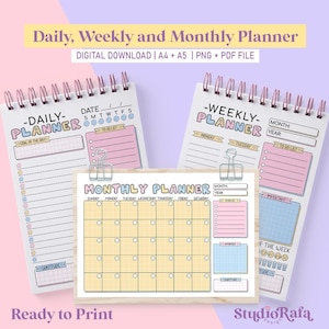 Pode incluir: Um conjunto de planejadores imprimíveis, incluindo formatos diários, semanais e mensais. Os designs apresentam cores pastel, encadernação em espiral e o texto "Daily, Weekly and Monthly Planner". Disponíveis como downloads digitais nos formatos A4, A5, PNG e PDF.