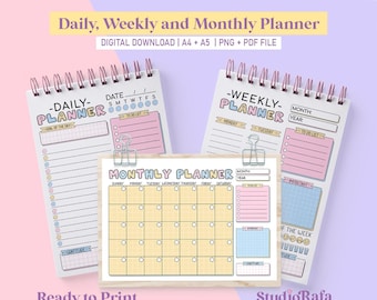 Daily, Weekly, Monthly Planner Bundle | Printable and Digital | Cute Pastel Colors | To-Do List | A4, A5 | PNG PDF