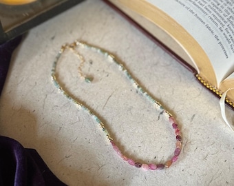 Collar con colgante de turmalina sandía / Oro laminado de 14k / Perlas de agua dulce / Collar de turmalina sandía