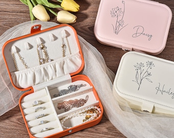 Personalized Travel Jewelry Box, Birth Flower Jewelry Box, Earring Ring Stud Storage Box, Bachelorette Party Gift, Bridesmaid Proposal Gift