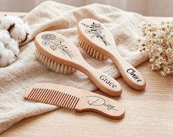 パーソナライズされたベビーヘアブラシセット、名前刻印ブラシ、カスタム木製ベビーコーム、お子様への記念品ギフト、ベビーシャワーギフト、新生児ギフト