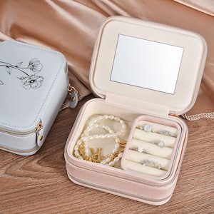 Schmuckschatulle mit Spiegel, Reiseschmuck-Aufbewahrungsbox, personalisierte Geschenke für sie, Schmuckschatulle mit Gravur, Geburtstagsgeschenk für Frauen