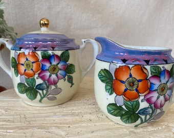 Vintage Lusterware Sugar & Creamer Set With Red Poppies and Blue Trim